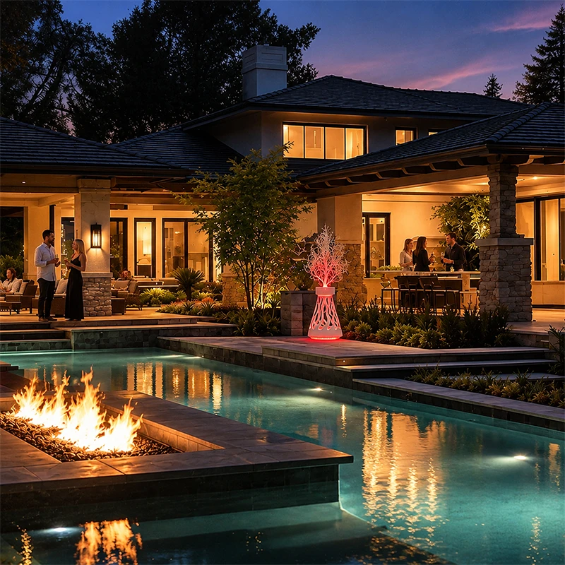 centrepiece Bespoke Illuminated Fibreglass Vases on outdoor area