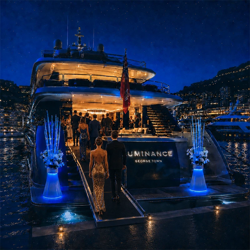 presencematters Bespoke Illuminated Fibreglass Vases used at the yacht gangway entrance